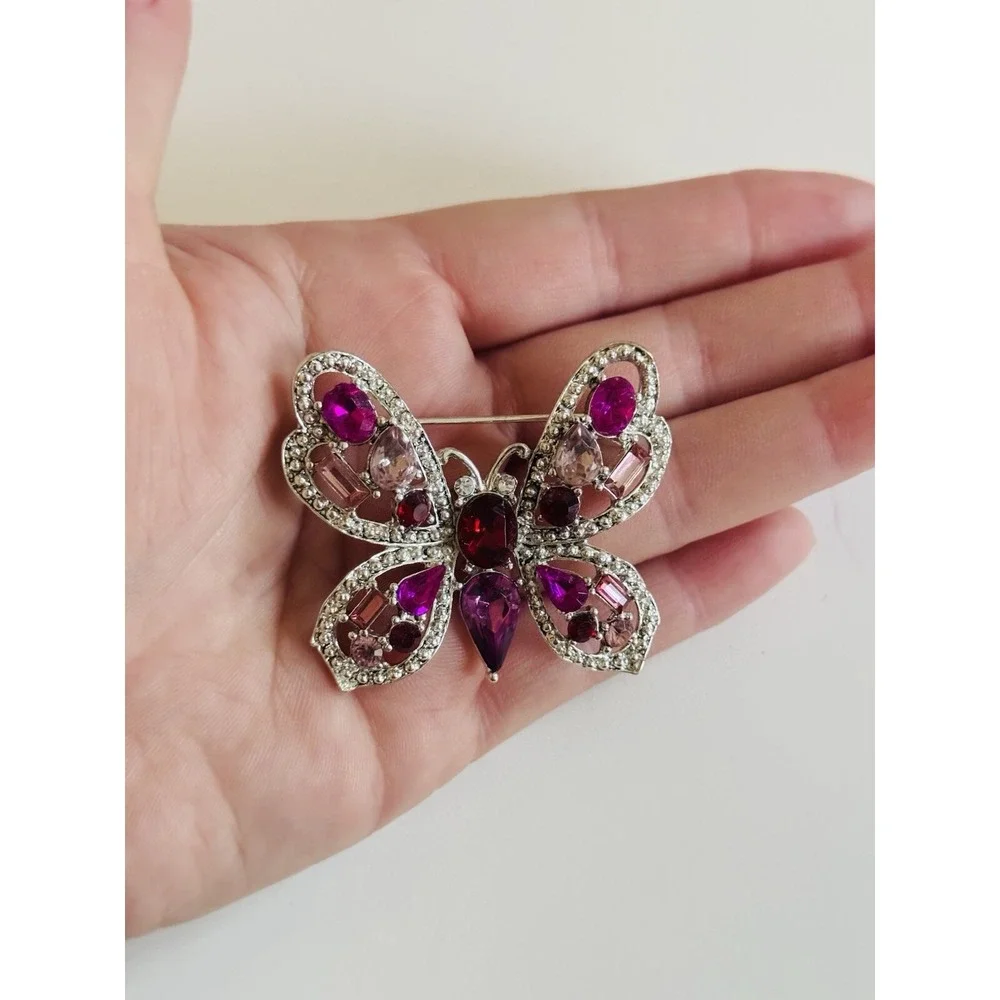 VTG Butterfly brooch pin Silver Plated Pink Red Rhinestone Figural Y2K‎ Flashy